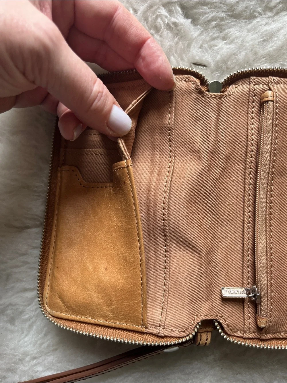 Fossil Tan leather zip around wallet wristlet with snap front compartment